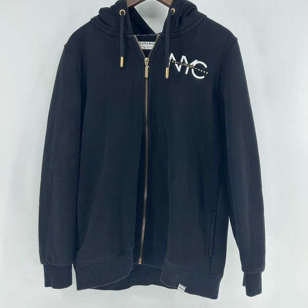 Superdry Full Zip Fleece Hoodie Women's S Black Sweatshirt NYC Thick Jacket Gold